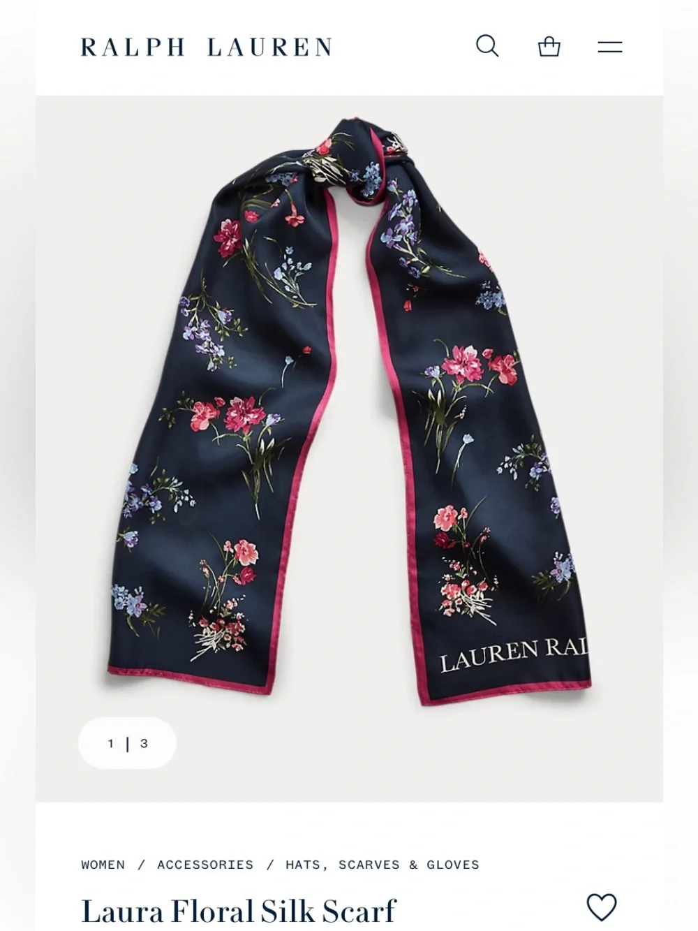 Lauren Ralph Lauren Silk Scarf Navy Floral Pink Trim “Laura” Spell Out Of Stock